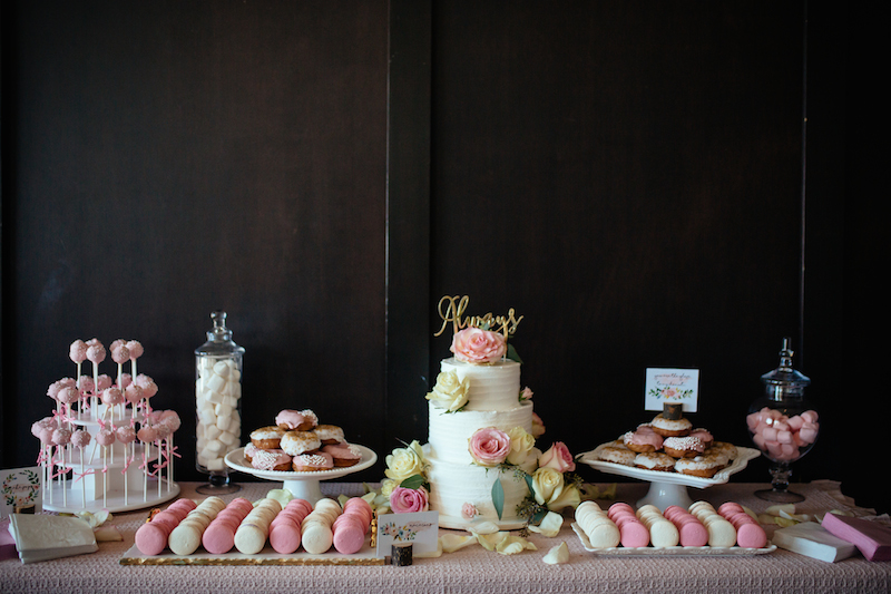 wedding cake, dessert bar, cake pops, macarons, donuts