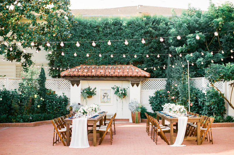 real wedding, dinning al fresco, outside reception, party lights, farm tables
