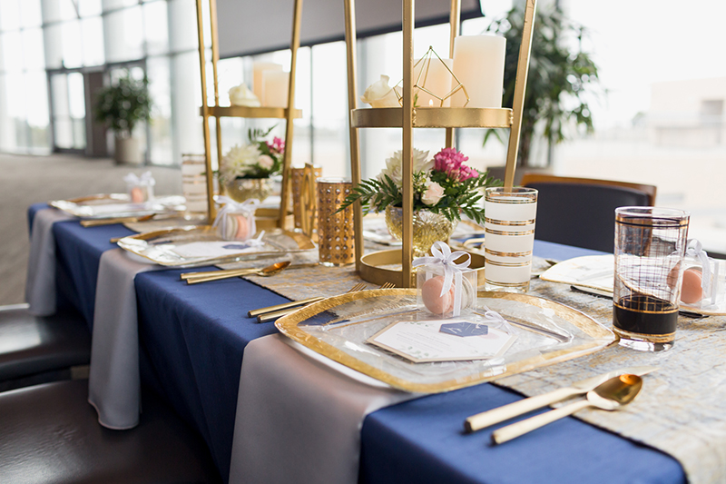 gold, shapes, architectural, blue, macaroon, centerpiece 