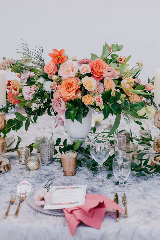 orange, peach, pink, flowers, gold, candles