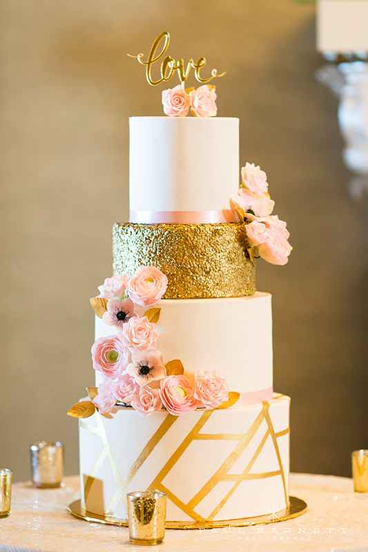 cake, gold cake, blush, pink flowers, cake topper