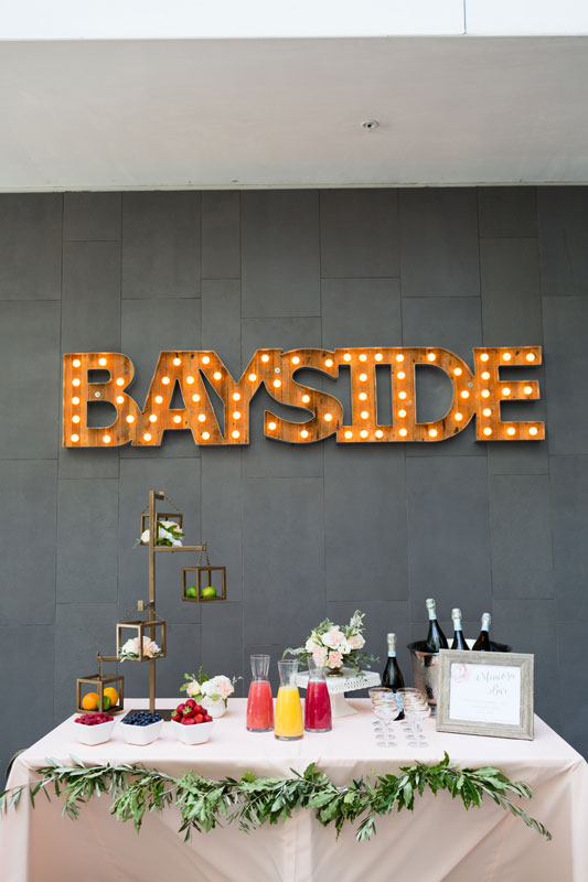 bayside, food, mimosa bar, table design
