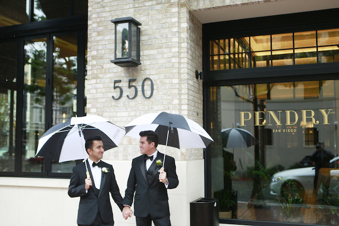 same sex wedding, umbrellas