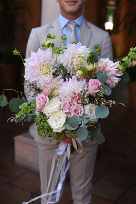 bridal bouquet, dahlias, roses