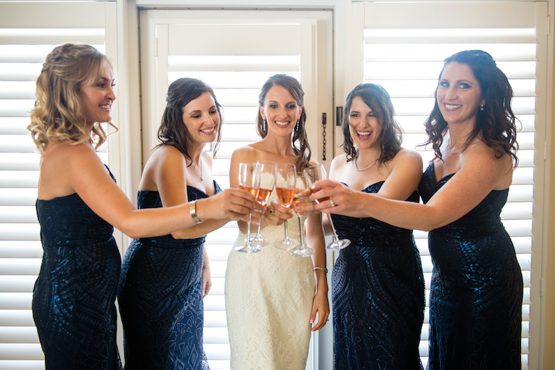 bride, bridesmaids, champagne toast
