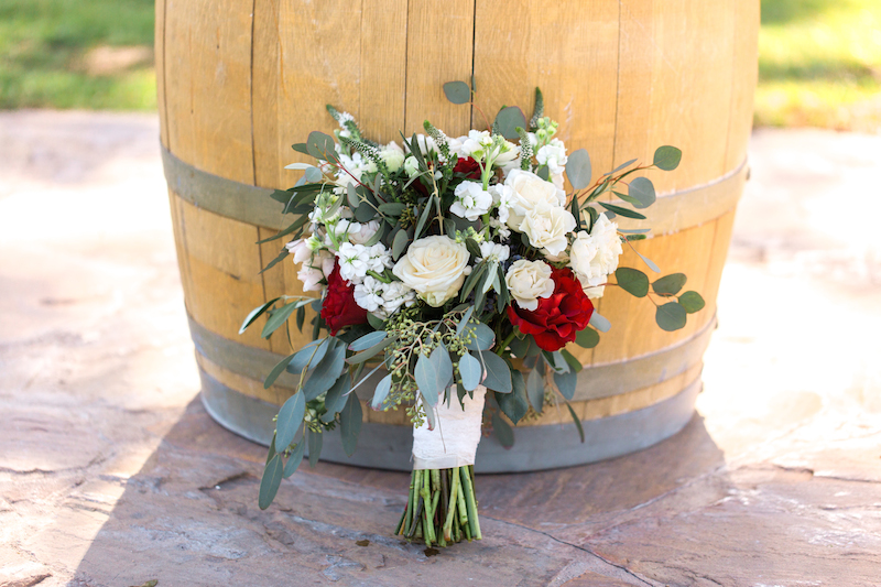 bridal bouquet, wine barrel