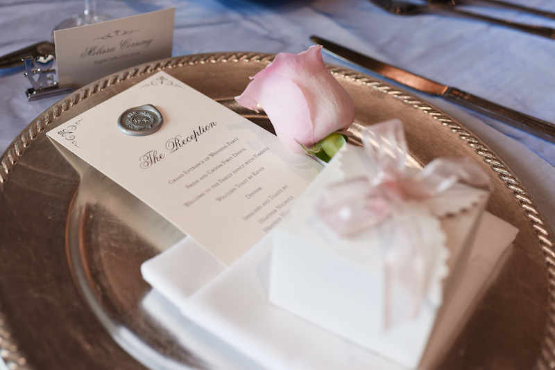 place setting, menu card, pink rose, party favor, charger plate