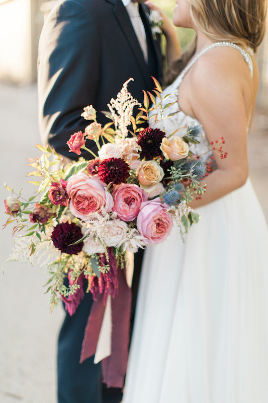 bridal bouquet, bride and groom