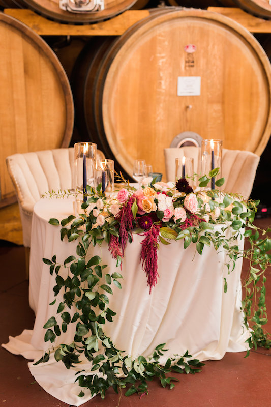 winery wedding, barrel room, sweetheart table