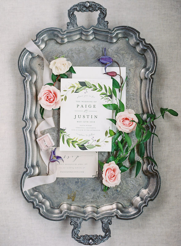 silver tray, wedding invitation, flowers