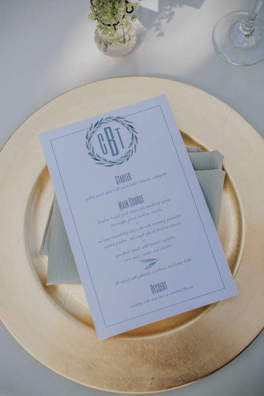place setting, gold charger plate, menu card