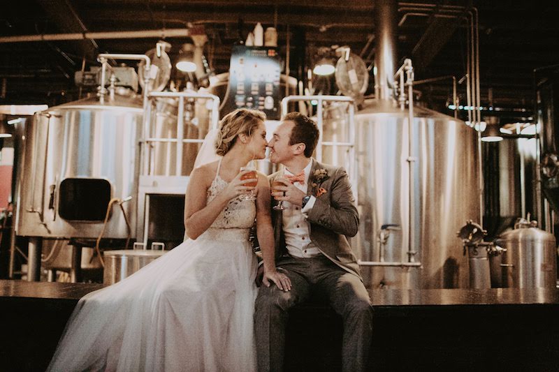 bride, groom, cheers, brewery