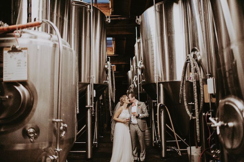 bride, groom, kiss, brewery