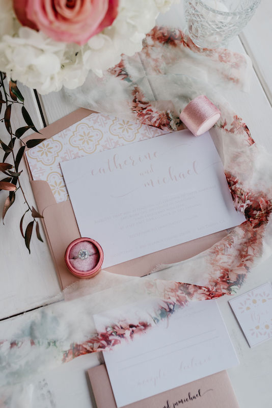 wedding invitation, stationery, wedding ring, ring box, ribbon