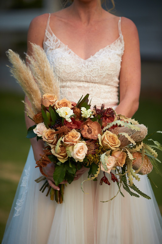 bridal bouquet, flowers, florals, pampas grass