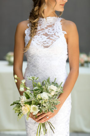 Wedding dress, bridal gown, bouquet