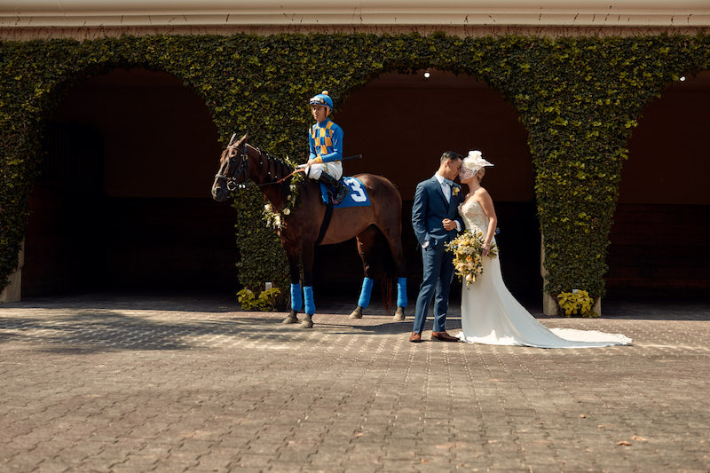 bride, groom, horse, bouquet, fascinator, jockey