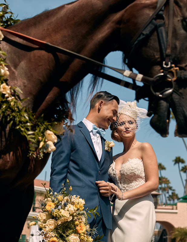 bride, groom, horse, bouquet, fascinator