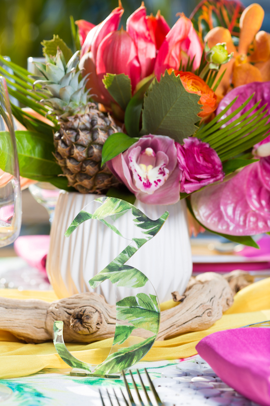 floral centerpiece, tropical flowers, pineapple