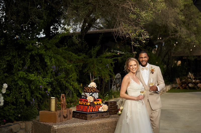 wedding cake, safari cake, bride, groom, bouquet, wedding arch, pampas grass, wedding dress
