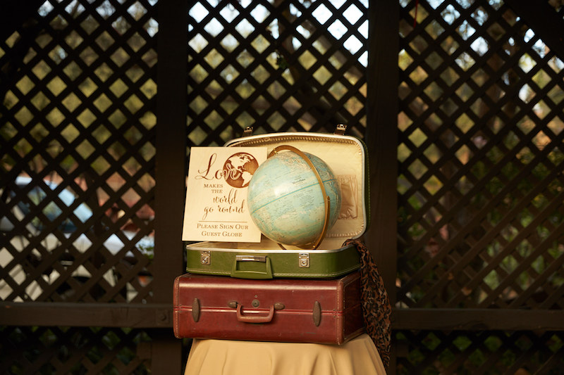 suitcase, globe, wedding decor details