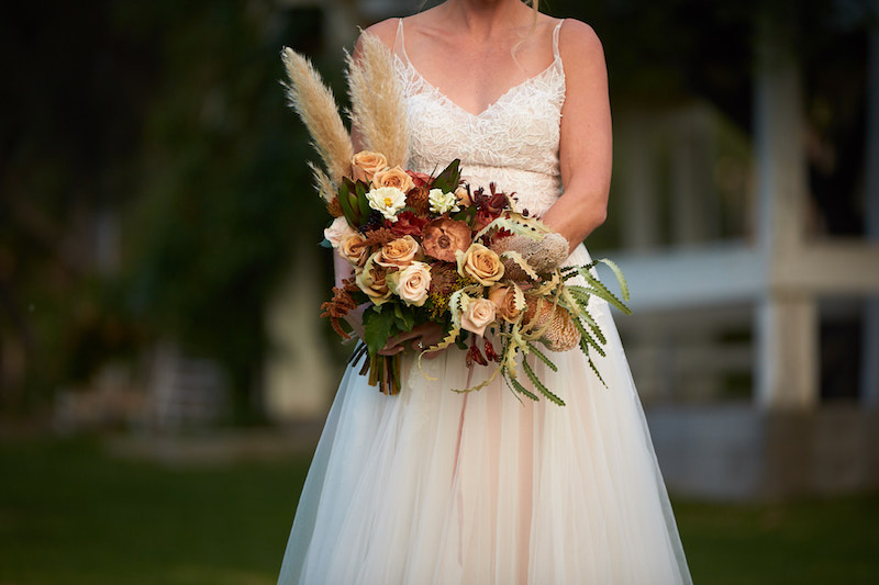 bridal bouquet, flowers, florals, pampas grass