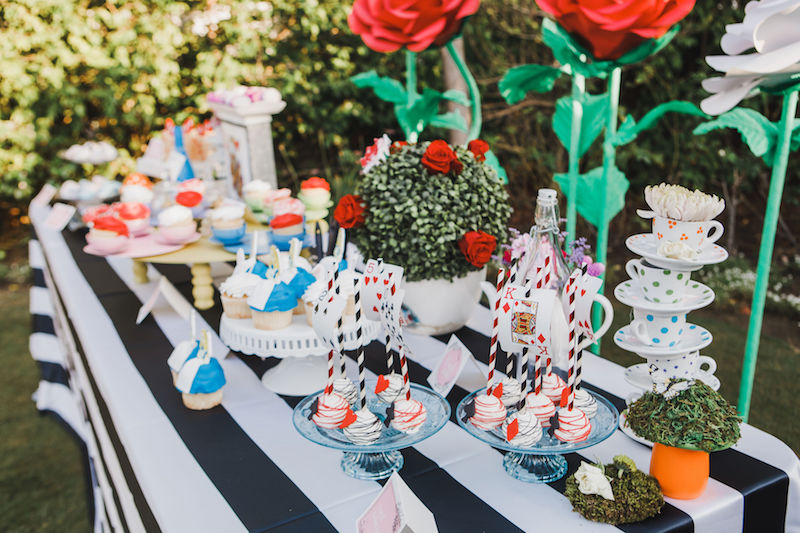 Mad Hatter Tea Party, bridesmaids brunch, dessert table, cookies, cupcakes, cake pops