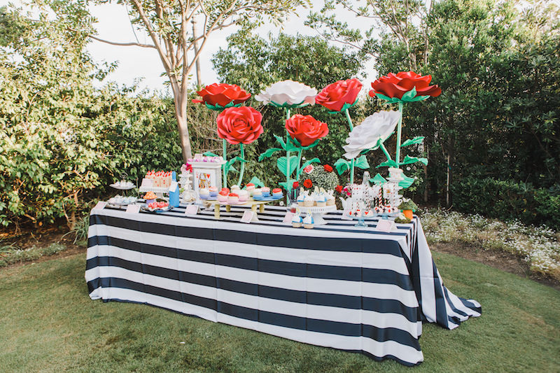 Mad Hatter Tea Party, bridesmaids brunch, dessert table, cookies, cupcakes, cake pops, giant paper flowers