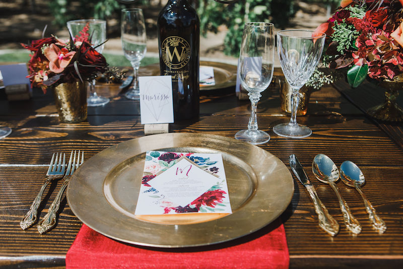 tablescape, table design, table setting, winery wedding, vineyard, place setting, menu card