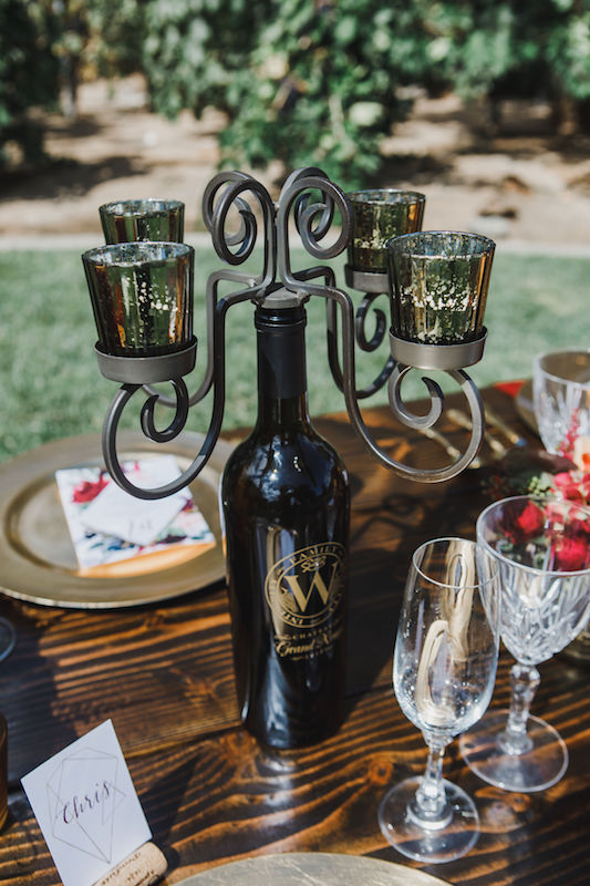 tablescape, table design, table setting, winery wedding, vineyard, wine bottle candelabra