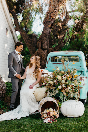 bride and groom, old chevy truck