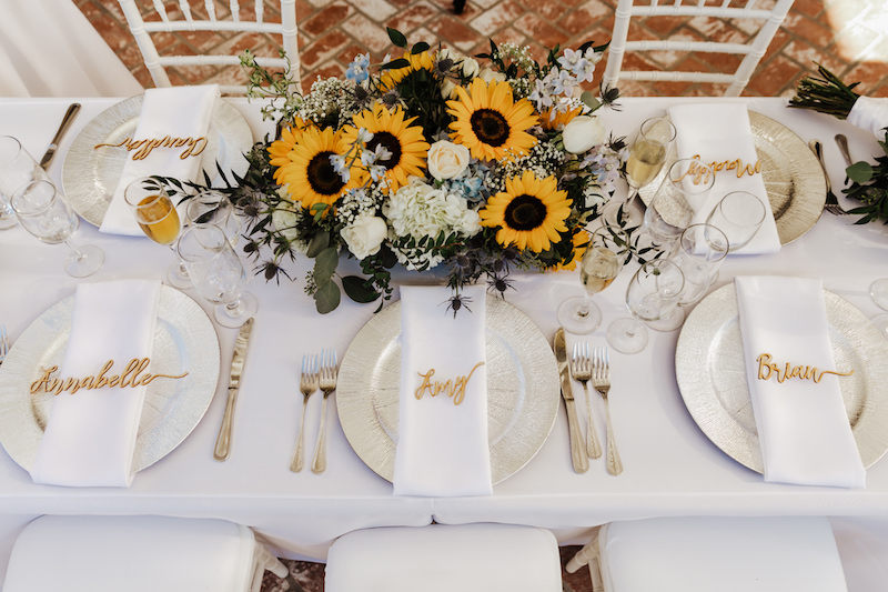 table setting, centerpiece, sunflowers